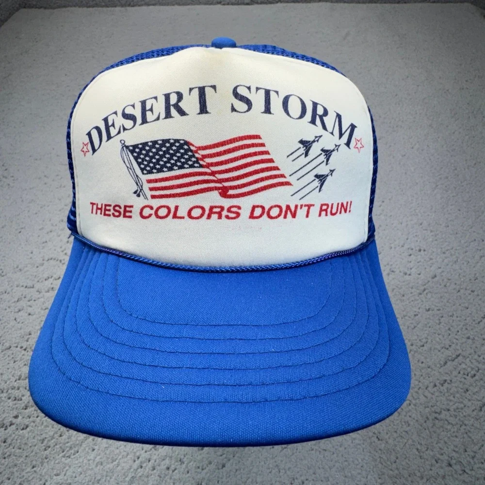 Vintage Desert Storm Hat Cap Snapback Trucker OSFM Blue Patriotic 90s Air Force